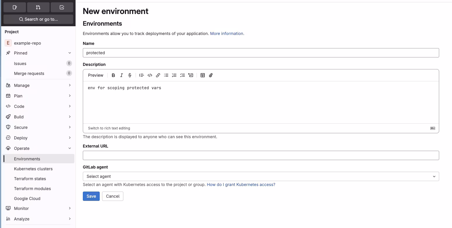 define gitlab environment for protected branches